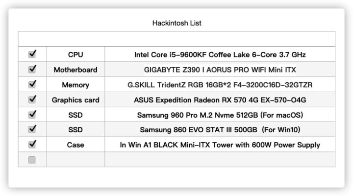 技嘉GIGABYTE Z390 I AORUS PRO WIFI Mini ITX 酷睿 i5-9600KF RX 570 的黑苹果EFI文件插图